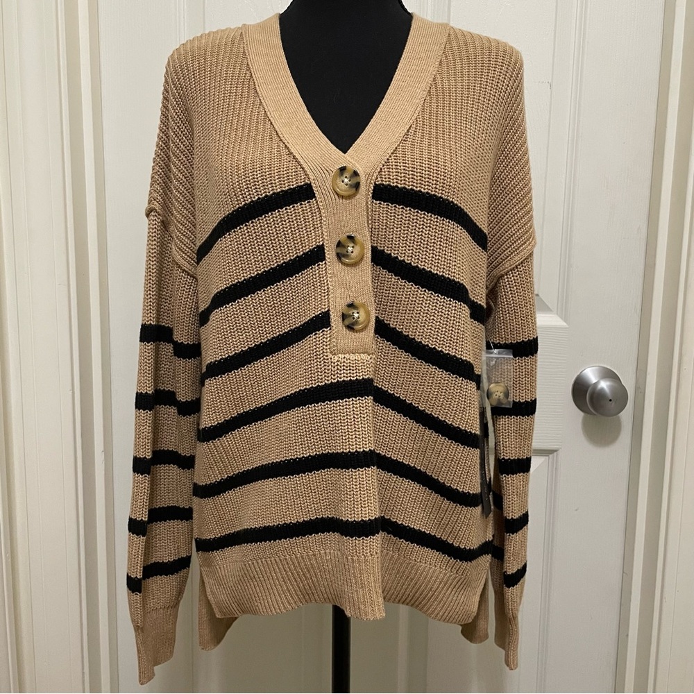 New Rachel Zoe‎ Striped V-Neck Knit Pullover Sweater Women's X-Small Tan & Black